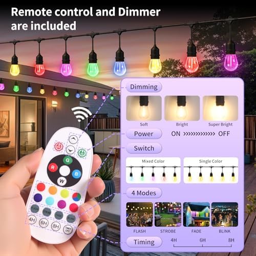 50FTOutdoor String Lights,24+2 LED RGBW Color Change,3000K Bright White | Heavy-duty commercial grade IP65 Waterproof, Dimmer & Remote, 12 Colors & 4 Modes, Outdoor Lights for Patio Backyard Decor - Image 2
