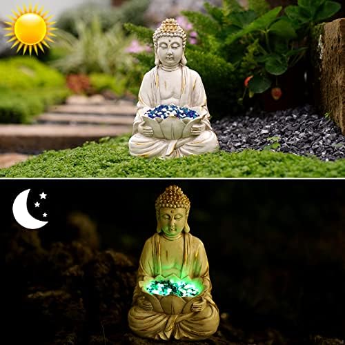 Goodeco Meditating Buddha Statue Sculpture - Outdoor Sitting Sculpture Decoration, Marble Finish with Lotus and Magical Glow in The Dark Pebbles and Glass Stones,Gift idea,White Color (12 inch) - Image 2