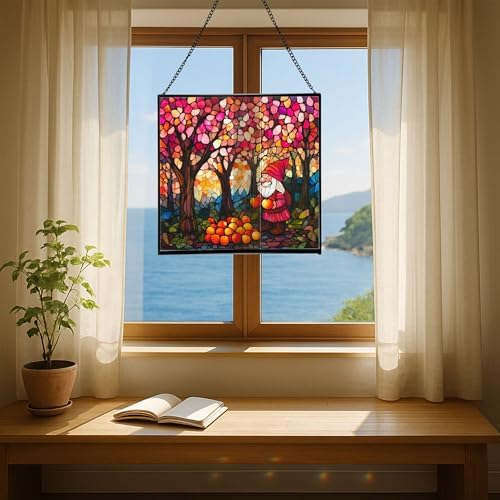 Gnome in Peach Grove Stained Glass Suncatcher – Square Hanging Window Panel for Home or Greenhouse – Whimsical Glass Art Gift for Garden Lovers, Christmas, Halloween, Father Days HTHgCN - Image 6