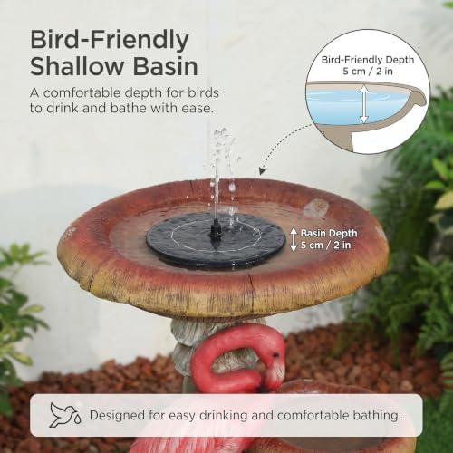 2-in-1 Solar Bird Bath and Wild Bird Feeder, Freestanding Flamingo Garden Statues Outdoor Decor, Solar Water Fountain with Shallow Basin for Small Birds Backyard Patio Ornament, 22.2" H - Image 3