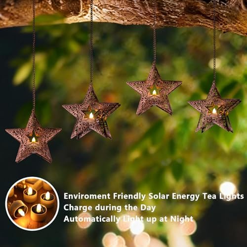 Hanging Solar Lights for Trees Outside, 4 Pack 6-Inch Hanging Star Lanterns with Solar Tea Lights Outdoor Waterproof, Icetry Star Light, Tree Lanterns Decoration for Porch Patio Pergolas Yard - Image 6