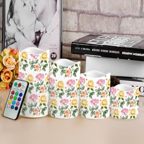 Yellow Pink Rose Flickering Flameless Candles Pillar LED Candles with Remote and Timer Set of 4 Color Changing Battery Operated Candles for Valentines Home Wedding Birthday Decoration - Image 4