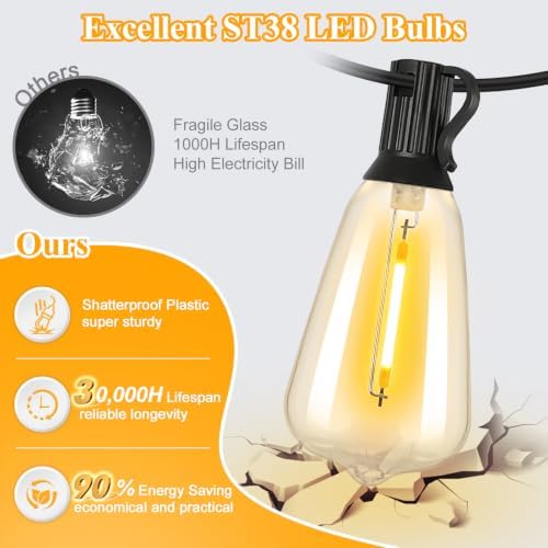 Brightever 25FT Outdoor String Lights 13 Bulbs, 2200K Amber Lights - Image 2