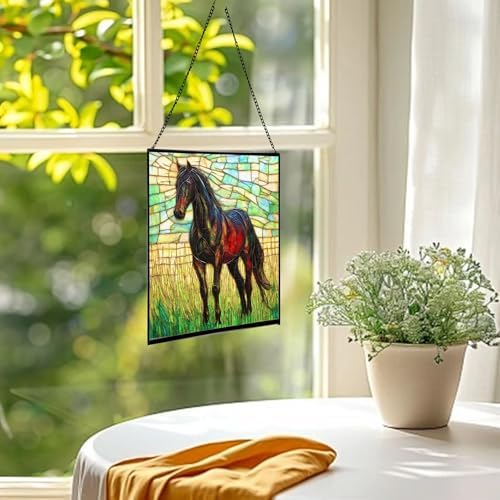 Black Hanoverian Horse Standing in Golden Pasture Light Square Suncatcher – Stained Glass Style Window Panel with Pastoral Scene, Custom Decorative Hanging Art for Equestrian Home, Christmas dsPHQT - Image 3