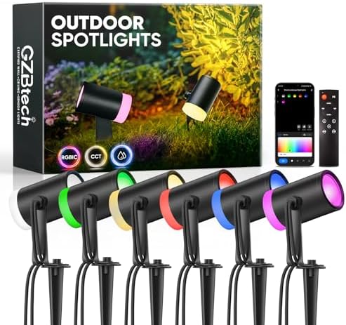 GZBtech Outdoor Landscape Smart Lights 6-Pack, Plug-in RGBIC+CCT Color Changing LED Spotlights, IP65 Waterproof, App Control Work with Alexa, Dimmable Aluminum LED Pathway Lights for Garden Yard Decor by GZBtech