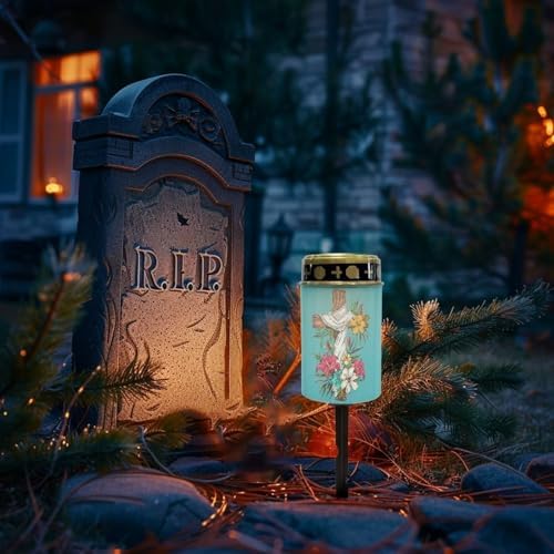 Poceacles Cross Solar Lights Outdoor for Cemetery Grave Decorations, Fake LED Pillar Candles Solar Powered Waterproof Outdoor Stake Lights Grave Markers, Colorful Lily Cross Teal, Pack of 6 - Image 2