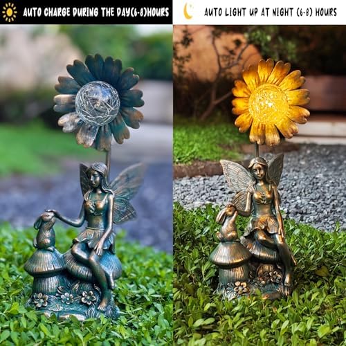 Garden Solar Fairy Statue - Mushroom Seat, Touching Rabbit, Iron Flower Glass Ball, Whimsical Outdoor Ornament - Image 4