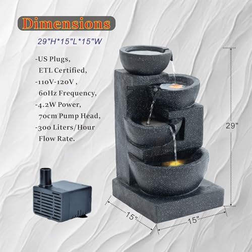 29" H Terrazzo Style Outdoor Water Fountain, 4-Tier Cascading Bowls with Stacked Stone Design and LED Lights, Freestanding Resin Water Feature for Garden Patio Porch - Image 2