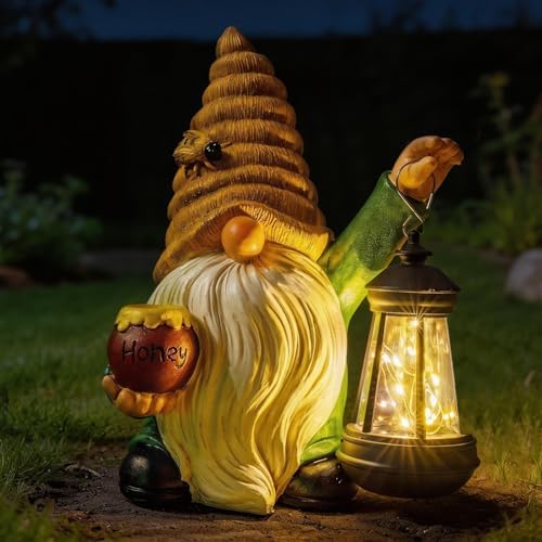 12.3'' Solar Garden Gnomes Outdoor Decor Honey Bee jar Gnome Statues with LED Lantern Autumn Patio Lawn Yard Art Decoration Fall Birthday Christmas Gardening Gifts for Mom Dad, Bee Gnome by WONDHOME