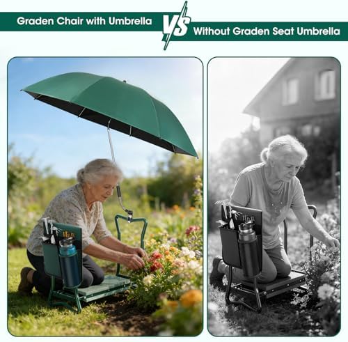 2-in-1 Garden Kneeler with Umbrella, Garden Kneeling Bench & Green Umbrella, Portable Garden Stool Loads Capacity 330lb and Garden Tools Bag with bottle holder, Gardening Gifts for Women,Men,Seniors - Image 4