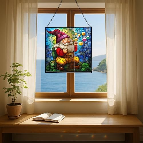 Bubble Blowing Gnome Stained Glass Suncatcher – Square Hanging Window Panel for Home or Greenhouse – Whimsical Glass Art Gift for Garden Lovers, Christmas, Halloween, Father Days 0xWaVs - Image 6