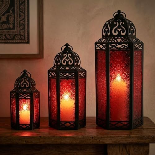 Vela Lanterns Decorative Outdoor for Patio/Porch - Floor Moroccan Candle Holder Set of 3 - Turkish Lamps, Table Centerpieces, Hanging Outdoor Decor for Wedding, Ramadan (XL, Large, Small - Red Glass) - Image 2