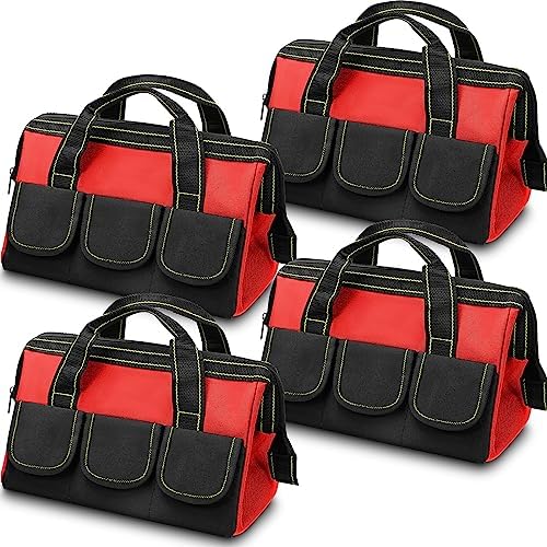 4 Pieces Tool Bag with Waterproof Strong Molded Base Multi Pockets Wide Mouth Tool Tote Multifunctional Tool Bag Large Capacity Organizer Heavy Duty Tool Storage Bag (Red,13 Inch) by Cunno