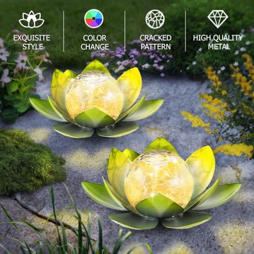 AIINY Garden Solar Light Outdoor(2Pack),Crackle Globe Glass Lotus Decoration, Waterproof Metal LED Flower Lights for Patio,Lawn,Walkway,Tabletop,Ground - Image 2