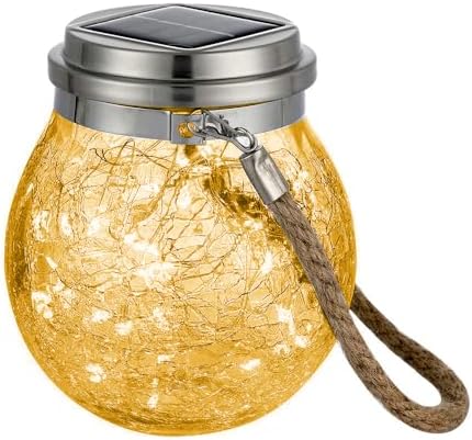 Solar Hanging Mason Jar Lights - Cracked Glass 30 LED Fairy Firefly Lantern String Lights, Outdoor Waterproof Patio Porch Garden Yard Balcony Lawn Wall Lighting Decor by Unknown