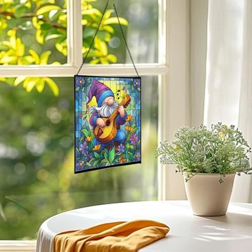 Musician Gnome Stained Glass Suncatcher – Square Hanging Window Panel for Home or Greenhouse – Whimsical Glass Art Gift for Garden Lovers, Christmas, Halloween, Father Days Dxyh3Y - Image 3