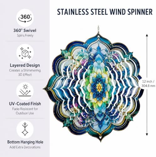 Shwing 12 Inch Wind Spinner Hanging Wind Sculptures Floral Mandala Metal Decor Double Sided Outdoor Kinetic Garden Art 3D Wind Spinner Hanging Ornament for Patio Porch Balcony Backyard Tree Decor - Image 3