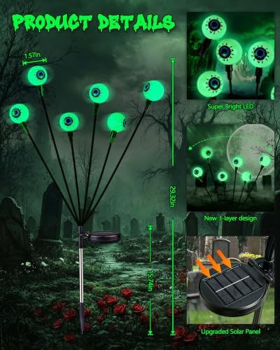 YIQU Solar Halloween Lights Outdoor 4 Pack 24 LED Green Solar Eyeball Light - Image 4