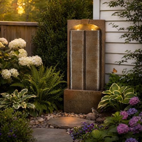 39" Outdoor Water Fountain, Modern LED Resin Water Wall Feature - Image 4