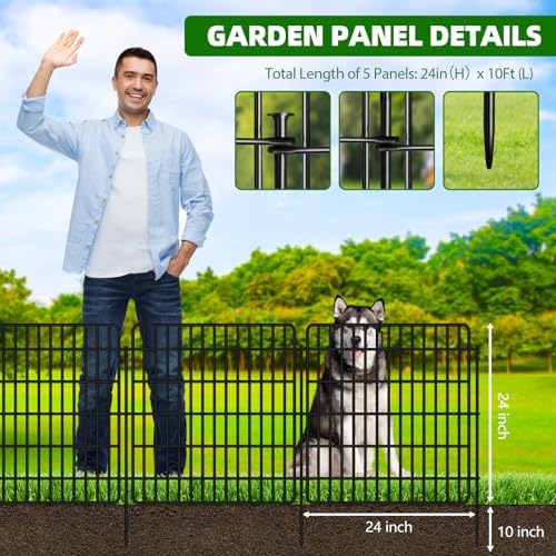 5 Panels Garden Fencing Animal Barrier with Lock, 24 in(H) X 10 Ft(L) Dog Fence Outdoor for Yard Rustproof No Dig Decorative Tall Garden Fence Metal Wire Panel Border Rabbit Ground Stakes Fencing - Image 2