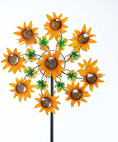 Plow & Hearth Colorful Autumn Sunflower Garden Metal Wind Spinner with Dual-Motion Rotors and Sectional Steel Pole with Ground Stakes in Powder-Coated Metal, 24½" Dia. x 10¼"D x 75½"H - Image 3