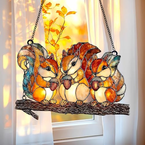 Sunlit Acorn Squirrels Acrylic Suncatcher - Faux Stained Glass Indoor Window Hanging Ornament, Outdoor Sun Catcher Panel, Home Decor Gift for Autumn Lovers by Unknown