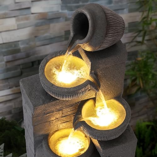 Outdoor Water Fountain, 4 Tiered Waterfall Fountains with LED Lights, Garden Bowl Waterfalls, Modern Cascading Flow Fountain for Garden, Yard, Patio, Home Decor (Grey) - Image 2