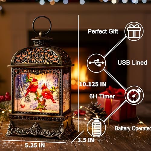 Christmas Snow Globe Water Lantern with Cardinal Scene Battery Operated or USB Powered Musical Lighted Holiday Decoration for Tabletop Display for Family and Friends - Image 3