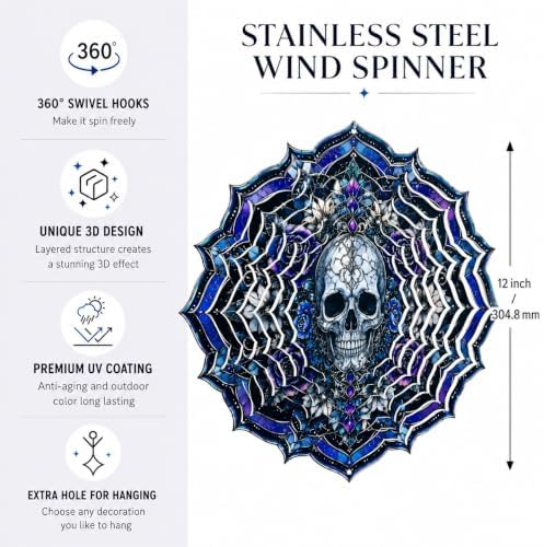 Shwing 12 Inch Wind Spinner Hanging Wind Sculptures Gothic Skull Metal Decor Double Sided Outdoor Kinetic Garden Art 3D Wind Spinner Hanging Ornament for Patio Porch Balcony Backyard Tree Decor - Image 5