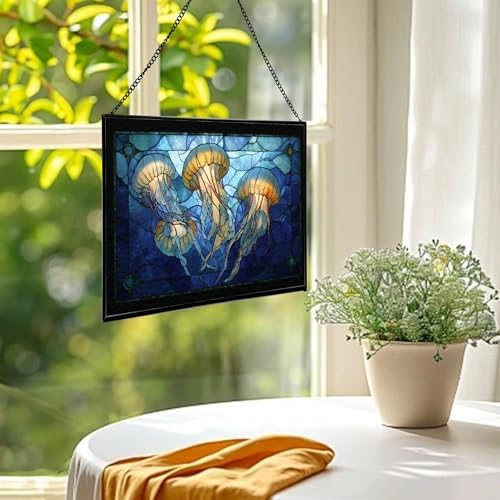 Jellyfish Floating in Moonlit Waters Rectangular Stained Glass Suncatcher – Hanging Window Panel with Animal & Nature Scene – Vibrant Glass Art Gift for Wildlife, Fantasy, Nature Lovers C8fTo1 - Image 2