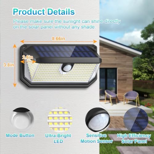 Solar Outdoor Lights, 4000LM 388 LEDs Motion Sensor Outdoor Light, IP65 Waterproof Solar Powered Outside Lights with 270° Wide Angle & 3 Modes, Exterior Flood Security Lights for Patio Garage, 6-Pack - Image 5