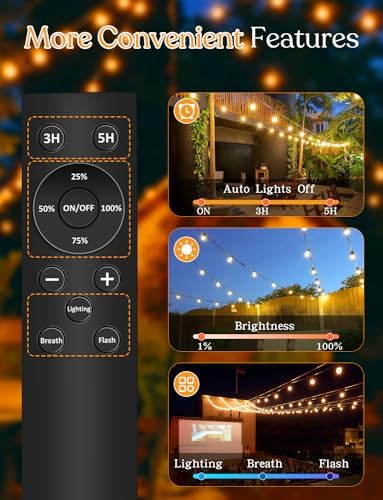 50ft Solar Outdoor String Lights with Remote - USB Rechargeable Solar Powered Outdoor Patio Lights, Larger 1.5W Solar Panel, Timer, Dimmable Shatterproof ST38 Bulbs for Backyard, Garden, Pool - Image 4