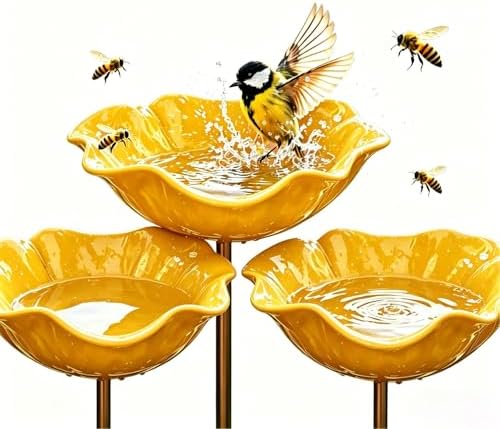 Handmade Metal Flower Garden Stake Bird Bath Bee Butterfly Pollinator Watering Station Hummingbird Bowl Outdoor Decor Resistant Resin LawnYard Planter (5, Yellow) by Unknown