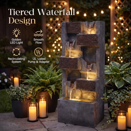 40" H Modern Outdoor Water Fountain, 5-Tier Waterfall with LED Lights - Image 3