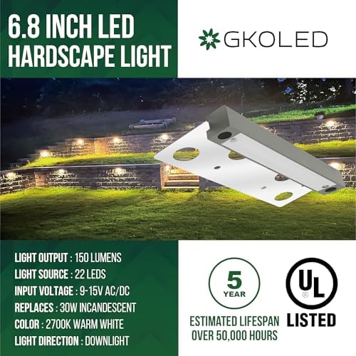 GKOLED 20-Pack 6.8 Inches Low Voltage Hardscape Light with Frosted Lens, 12V AC/DC Retaining Wall Lighting, 4W 2700K Paver Wall Lights, Outdoor Step Lights, Die-cast Aluminum Housing, Gray, UL Listed - Image 2