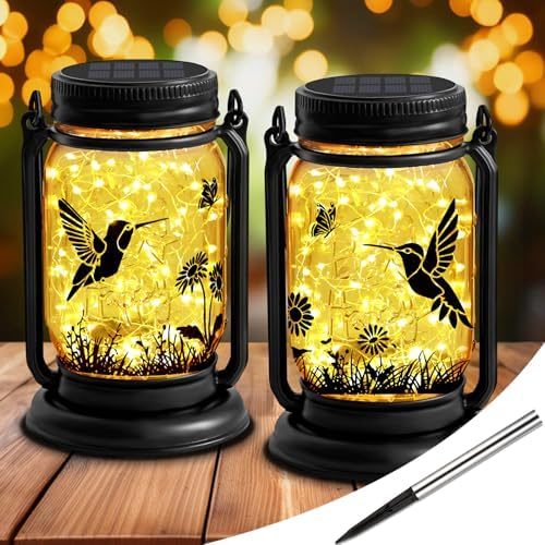 Hummingbird Solar Lanterns 3-in-1 Outdoor Waterproof - Birthday Gifts for Women Mom Christmas, Mason Jar Hanging Lanterns with Stake, Garden Decor Lights for Patio Yard Balcony Decorations, 2 Pack by ANGMLN