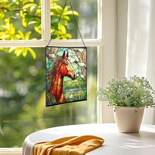 Bay Roan Horse Watching Geese Fly Over Meadow Square Suncatcher – Stained Glass Style Window Panel with Pastoral Scene, Custom Decorative Hanging Art for Equestrian Home, Christmas 1YhChC - Image 3