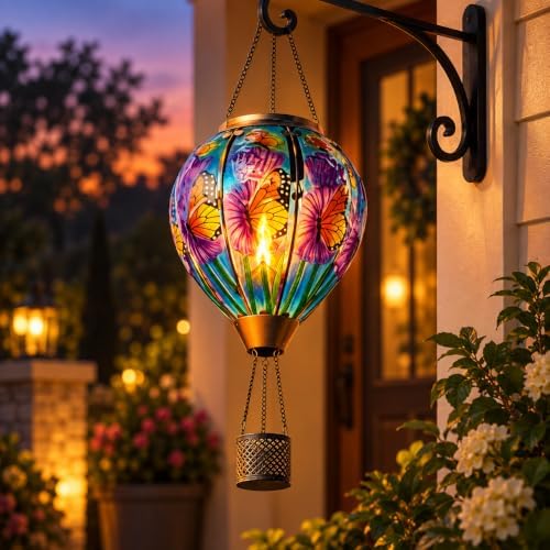 Butterfly Solar Hot Air Balloon Lantern, Glass Flickering Flame Light - Image 4
