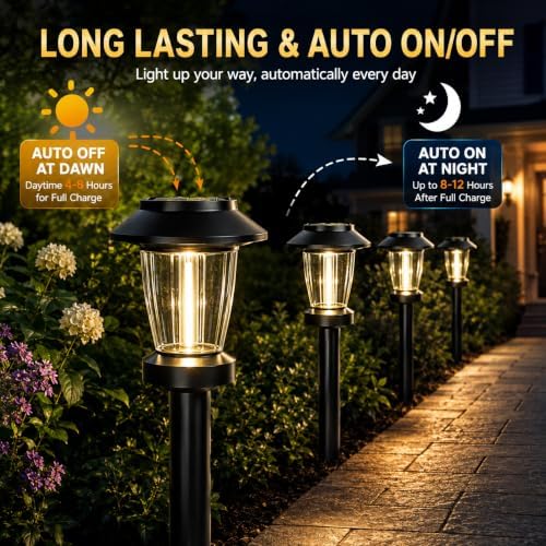 Solar Pathway Lights Outdoor, 12 Pack Warm White Tungsten Filament Solar Lights, 3 Lighting Modes, Auto On/Off, IP65 Waterproof, Dusk to Dawn Solar Garden Lights for Yard, Driveway, Lawn & Landscape - Image 5