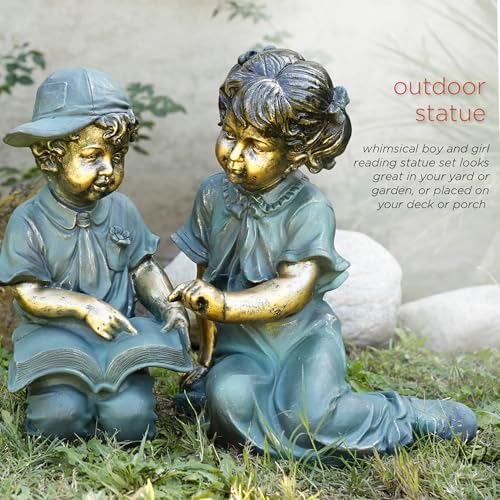 Alpine Corporation GXT258A Outdoor Finely Sculpted Boy and Girl Reading Book Garden Statue, 19"H, Bronze - Image 4