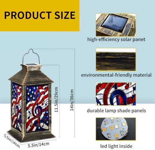 Solar Lantern Patriotic Stained Glass Design Outdoor Waterproof Garden Hanging Lantern Solar Powered Lighting Outside Solar Light for Patio Yard Camping, Gifts for Women Mom - Image 2