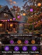 25FT G40 LED Outdoor Halloween String Lights, Orange and Purple Halloween Decorations Lights with 27 Shatterproof Globe Bulbs(2 Spare), Hanging Patio Lights for Holiday Balcony Backyard Party Garden - Image 2