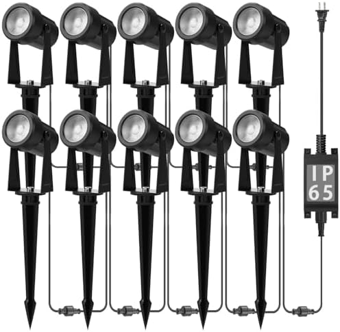 Banord Outdoor Landscape Lighting, 10 Pack Low Voltage LED Spot Lights with Transformer, IP65 Waterproof, 2700K Warm White for Yard, Garden, Lawn, Plants by Banord