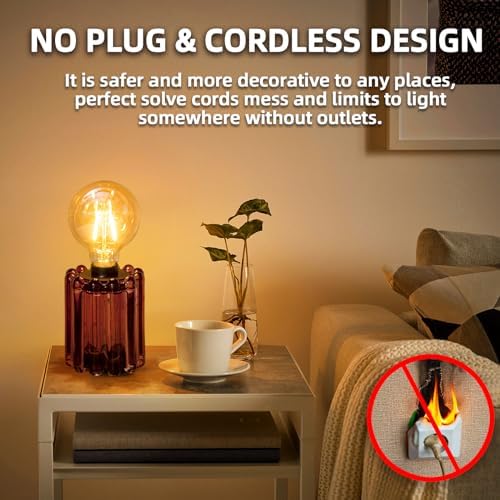 Set of 2 Battery Operated Table Lamp, Battery Powered Cordless Lamp with Timer, Glass Bulb Shape Decorative Lights for Living Room Bedroom Weddings Parties Patio Events Indoors Outdoors（Rust） - Image 4