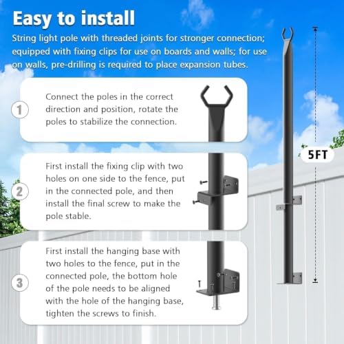 Beizelte 4 Pack 5Ft String Light Poles,Outside String Lights,Outdoor Light Poles,Metal Poles Stand for Patio,Backyard,Deck - Image 7