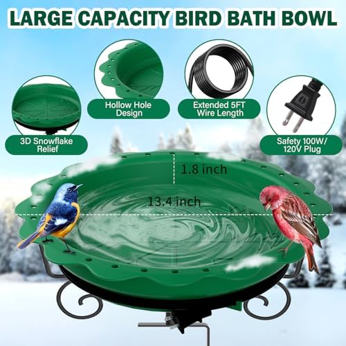 Heated Bird Bath for Deck Railing, 100W Heated Birdbath for Outdoors, Green - Image 2