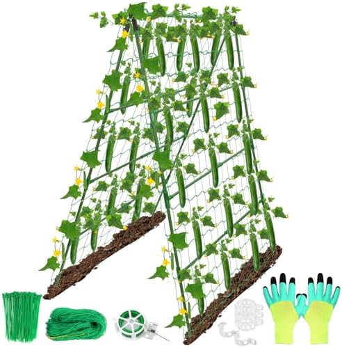 32 x 53 Inch Cucumber Trellis for Climbing Plants Outdoor A-Frame Garden Trellis for Raised Bed Detachable Sturdy Garden Plant Support Trellis for Small Plant Vegetable Flower Grape with Climbing Net by LifeisLuck