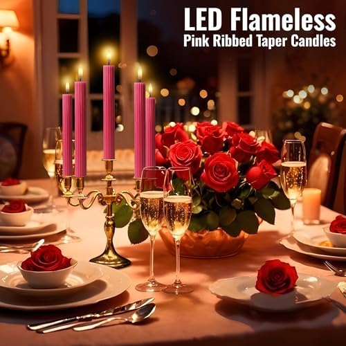 12 Pack, 10" LED Flameless Pink Fluted Ribbed Grooved Taper Candles with 2 Remotes & 24h Timer Memory, On/Off Button, Dimmable, Flicker Mode, Battery Operated, Christmas Menorah Wedding - Image 7