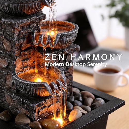 Kalona Tabletop Waterfall Fountain 3 Bowls with LED Light, Soothing Water Flow Sound, Zen Meditation Decor for Home and Office, Relaxation Water Fountains Indoor (23113) - Image 4