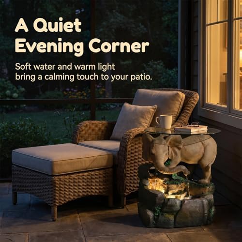 Elephant Outdoor Water Fountain with Glass Tabletop, 21.85" H Cascading Garden Water Feature, Country Style Patio Fountain with Realistic Skin & Rock for Yard, Deck, Backyard Décor - Image 2